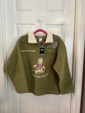 Disney Olive Green Sherpa Jacket with Cream Collar and Winnie the Pooh Patch